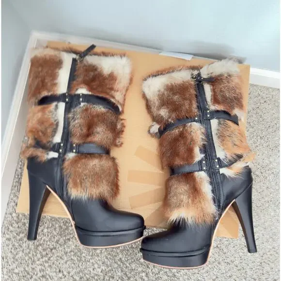 UGG Foxley Sheepskin Fur Heeled Platform Boots Black - size 9.5